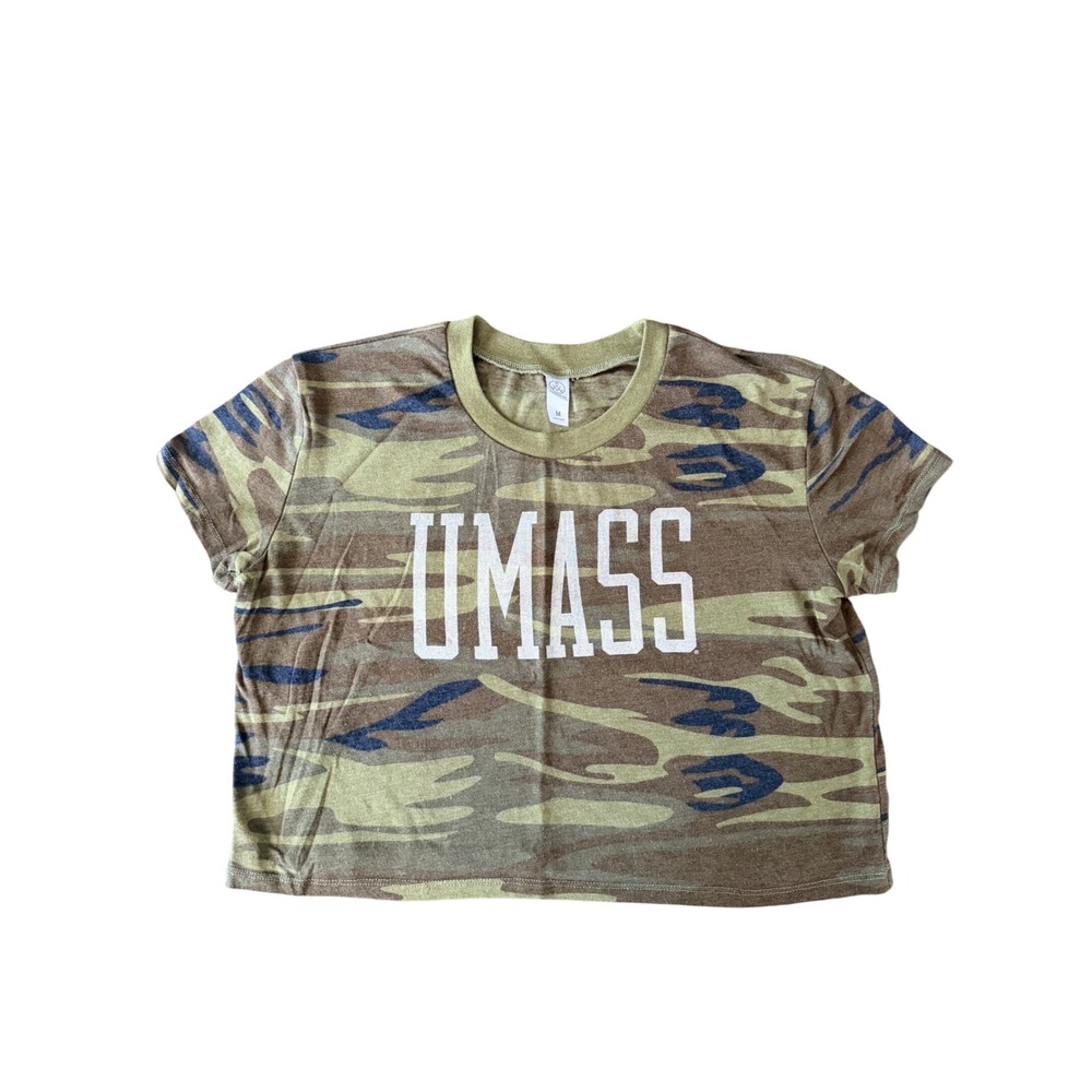 Alternative Women's M Camo UMASS Green Brown Crop T-shirt | SKU 1069